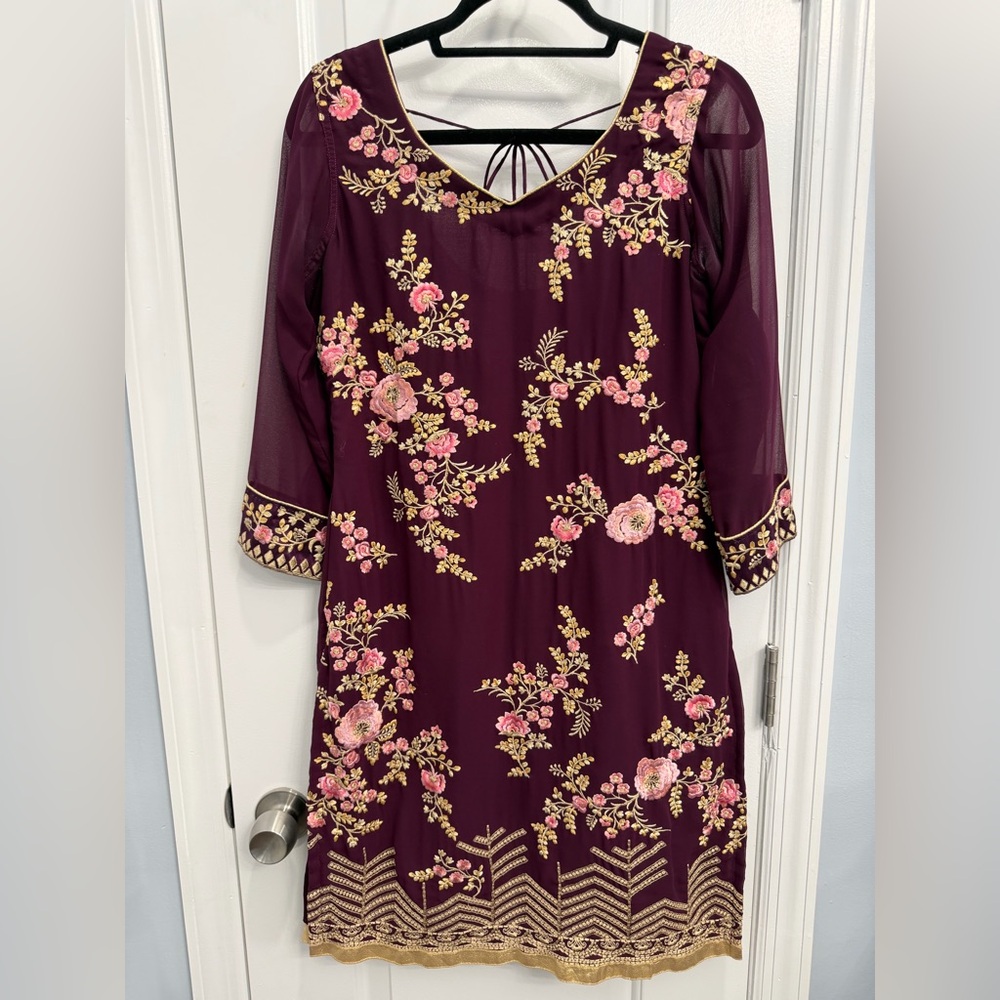 Wine Purple Salwar Kameez with Pink & Gold Floral Embroidery